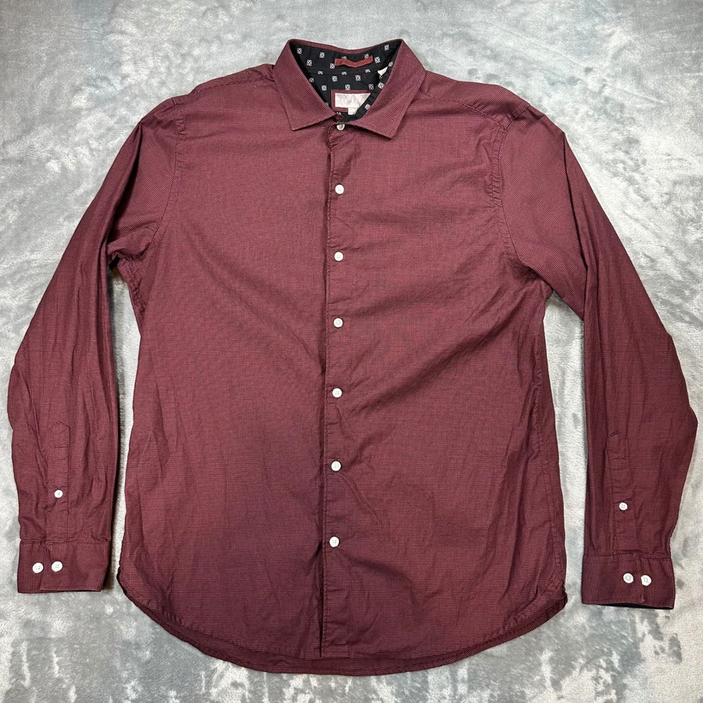 Ted Baker Mens Large Burgundy Black Houndstooth Button Down Long Sleeve Shirt